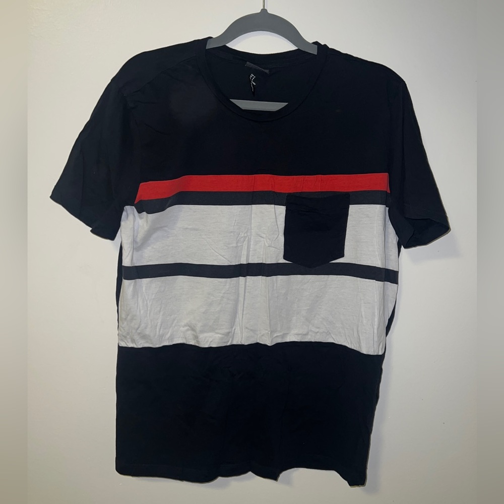 Red and White Stripe Navy Tee